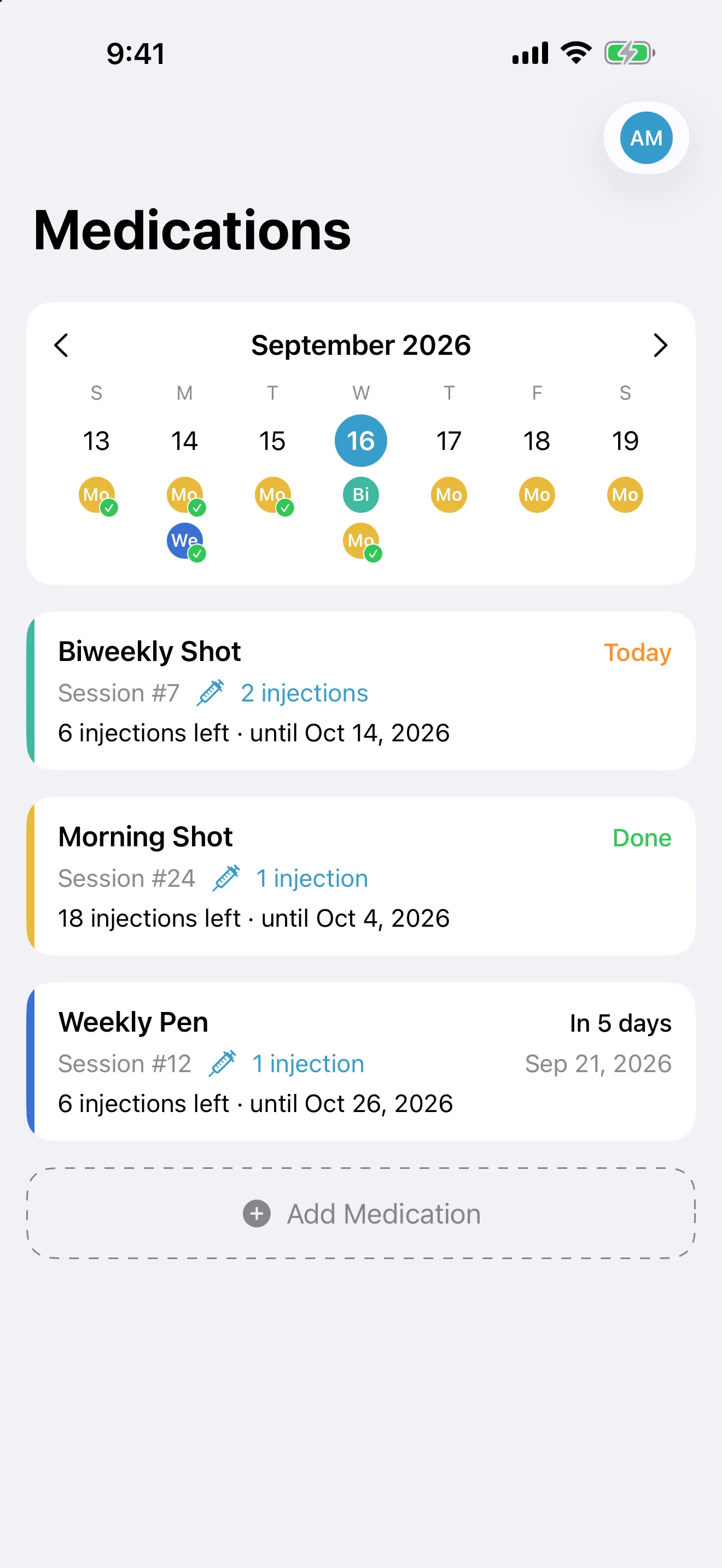 The Medications list. Biweekly Shot is due today, Morning Shot is done, and Weekly Pen is in 5 days. A calendar strip above marks each day of the week with the medications it holds.
