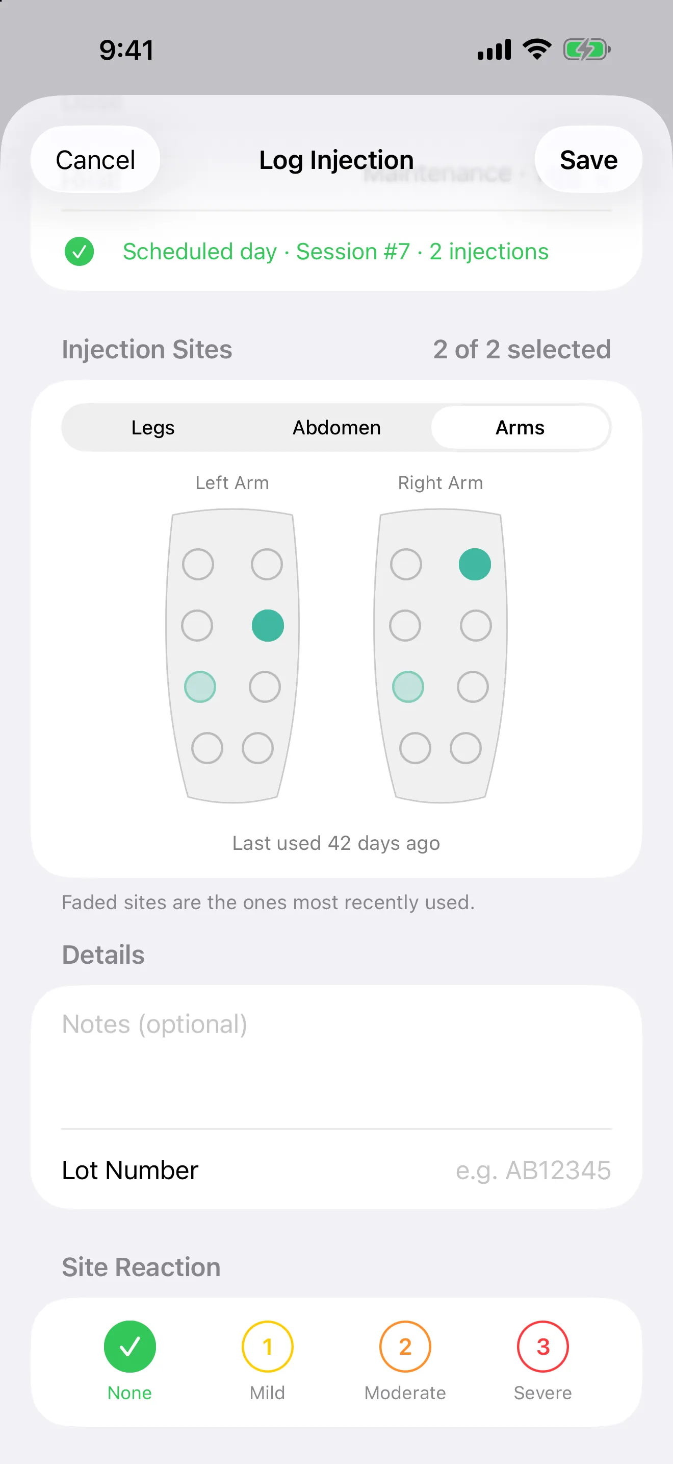 Log Injection with the Arms tab chosen. A grid of points on the left arm and the right arm, two points selected and the most recently used points faded, and a line saying the last one was used 42 days ago.