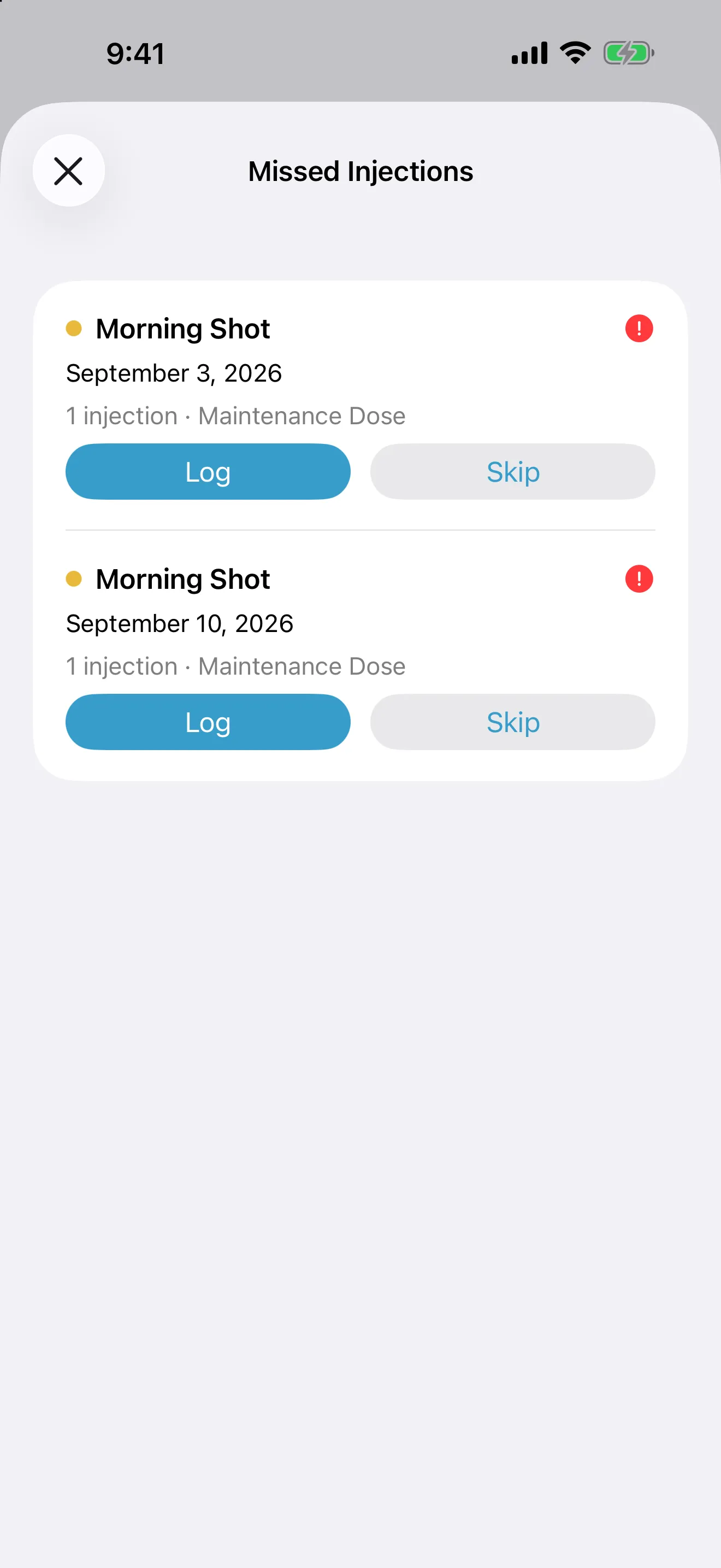 Missed Injections, listing Morning Shot on September 3 and on September 10, 2026, each with a Log button and a Skip button.