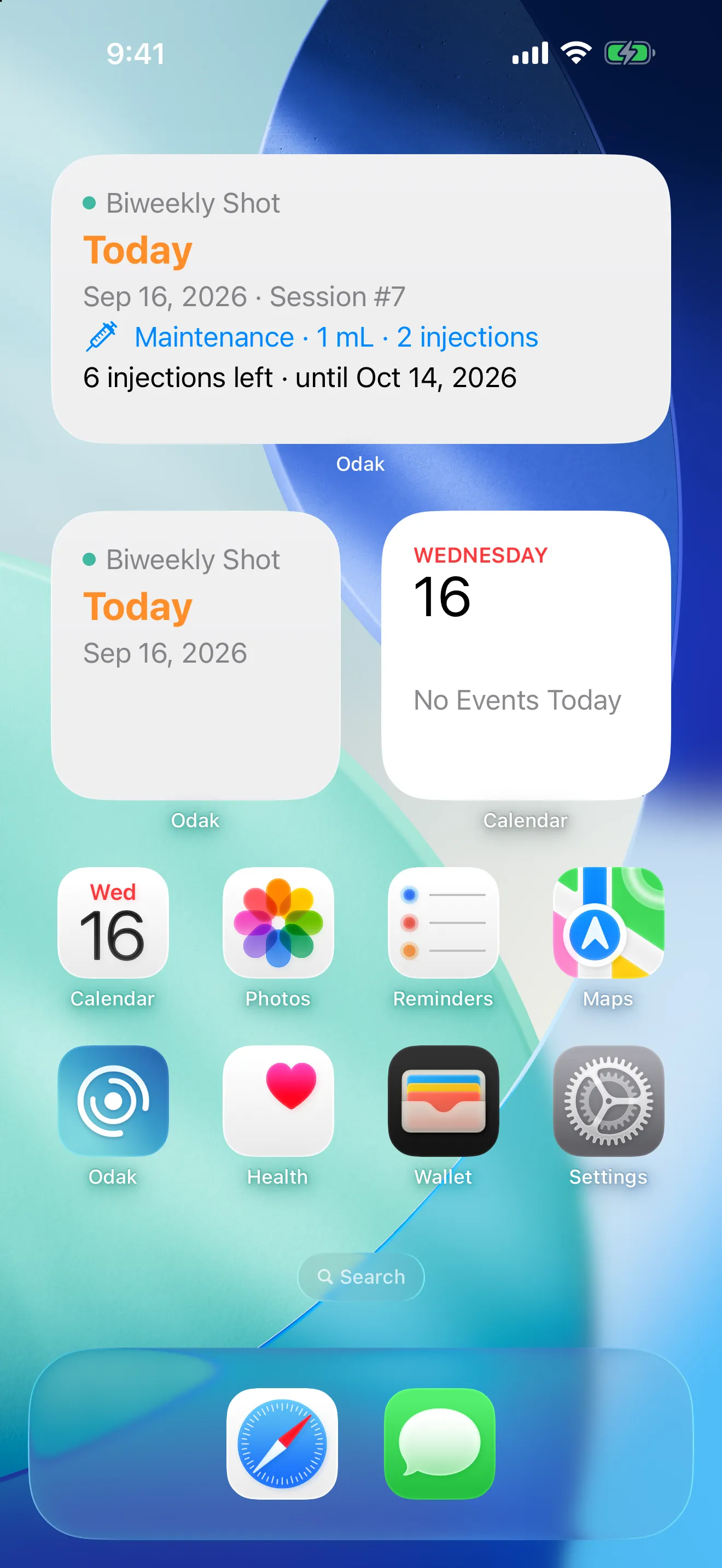 An iPhone Home Screen with two Odak widgets among other apps. Both say Biweekly Shot is due today, Sep 16, 2026, session 7, and the wider one adds maintenance, 1 mL, 2 injections, 6 injections left until Oct 14, 2026.